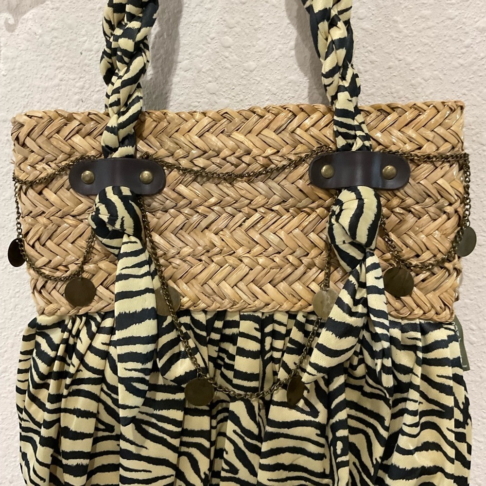 Vintage Sun n’ Sand Animal Print Shoulder Bag Magnetic Straw & Silky Fabric - Picture 5 of 12